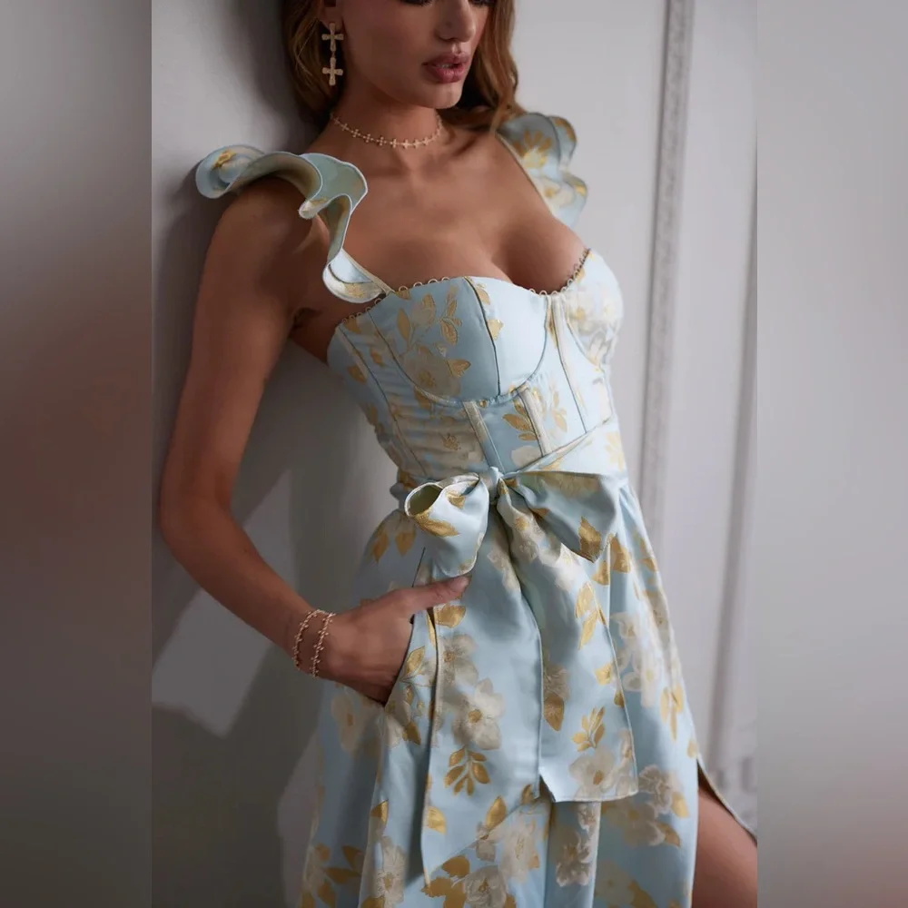 V. Chapman Sky Blue and Gold Floral Midi Dress - Picture 2 of 15